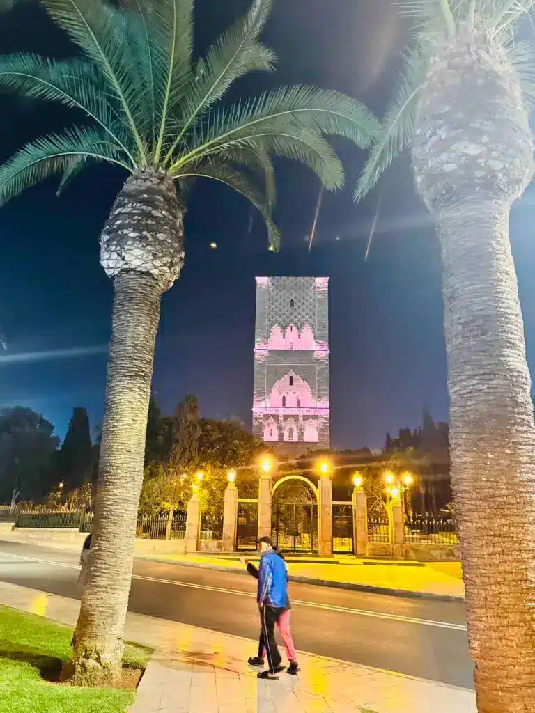 Night view of Hassan Tower in Rabat on Morocco 10 day itinerary