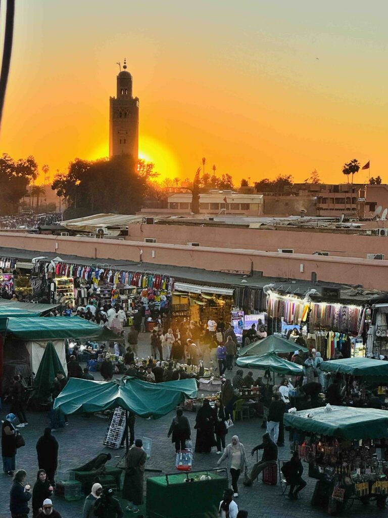 Sunset view from Jemaa el Fnaa square in Marrakesh on Morocco 10 day itinerary