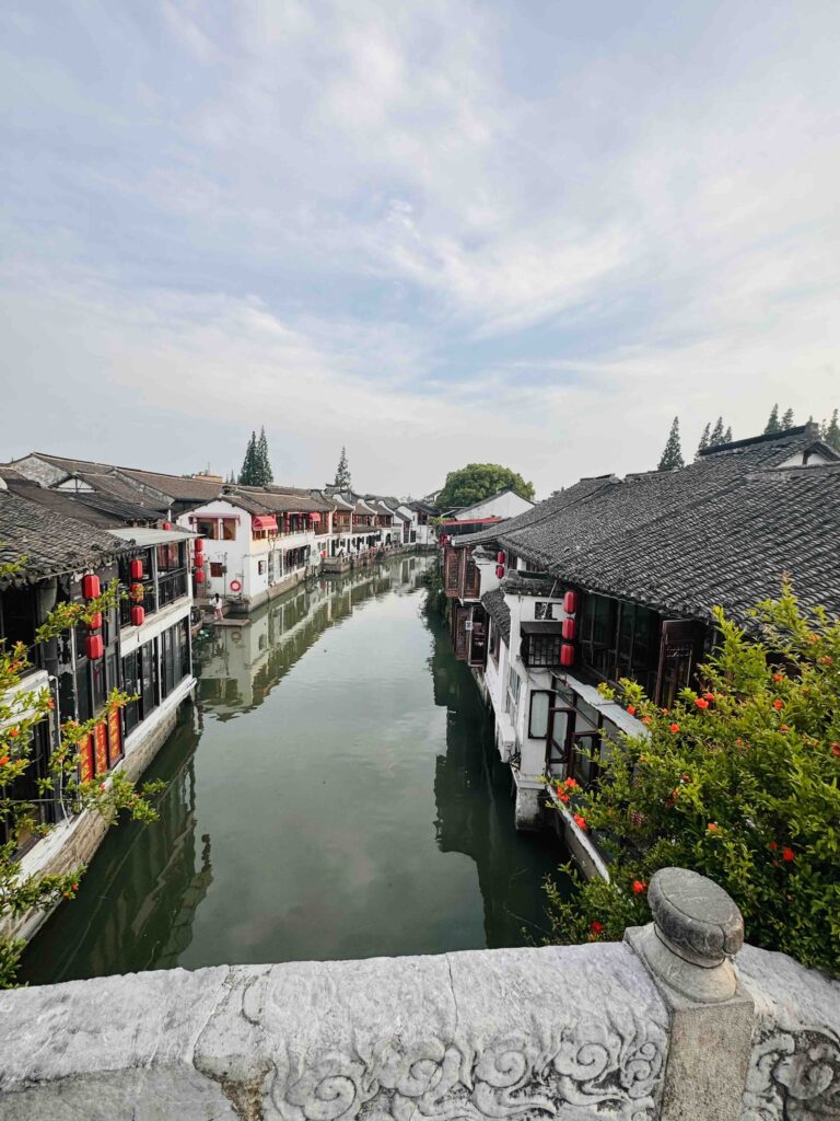 View of the Zhujiajiao water town with houses on both sides of the canal