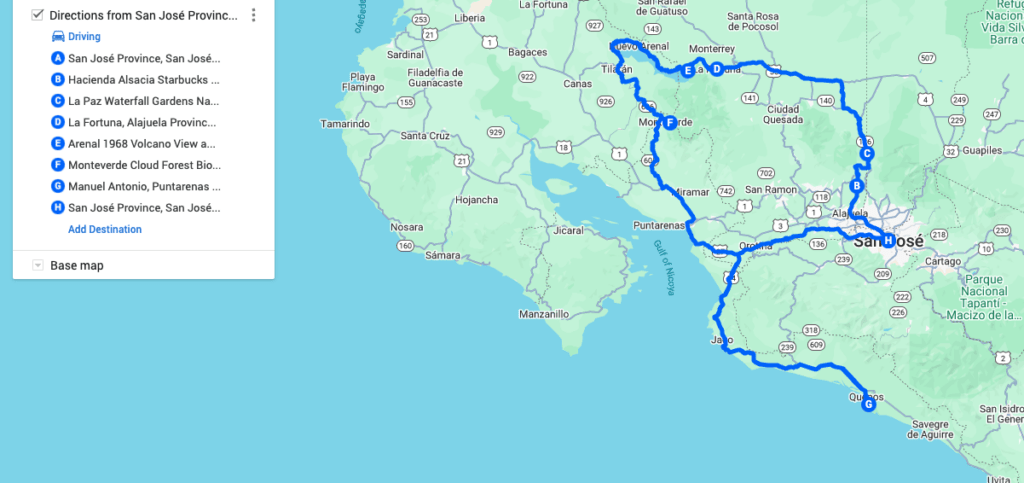 Costa Rica 10 day road trip itinerary on Google maps