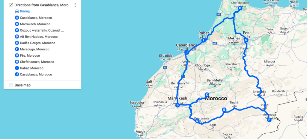 Morocco 10 day road trip itinerary on Google maps.